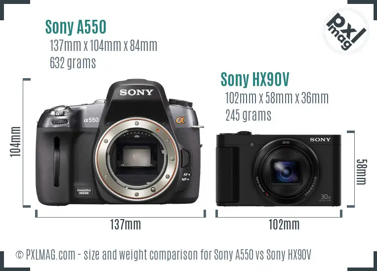 Sony A550 vs Sony HX90V size comparison