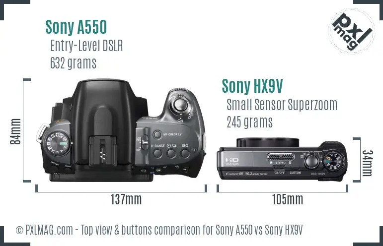 Sony A550 vs Sony HX9V top view buttons comparison
