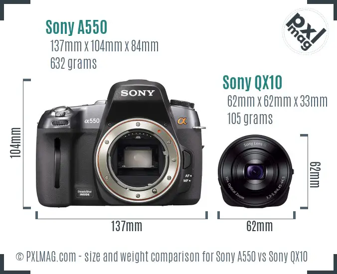 Sony A550 vs Sony QX10 size comparison