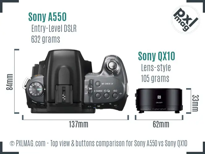 Sony A550 vs Sony QX10 top view buttons comparison