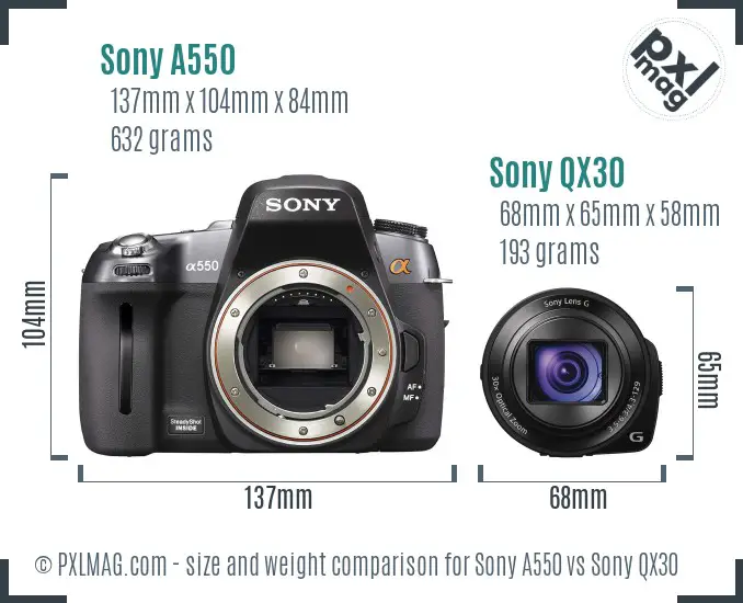 Sony A550 vs Sony QX30 size comparison