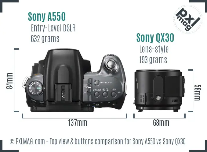 Sony A550 vs Sony QX30 top view buttons comparison