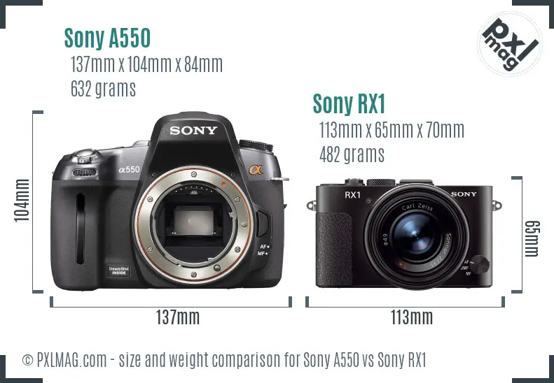 Sony A550 vs Sony RX1 size comparison