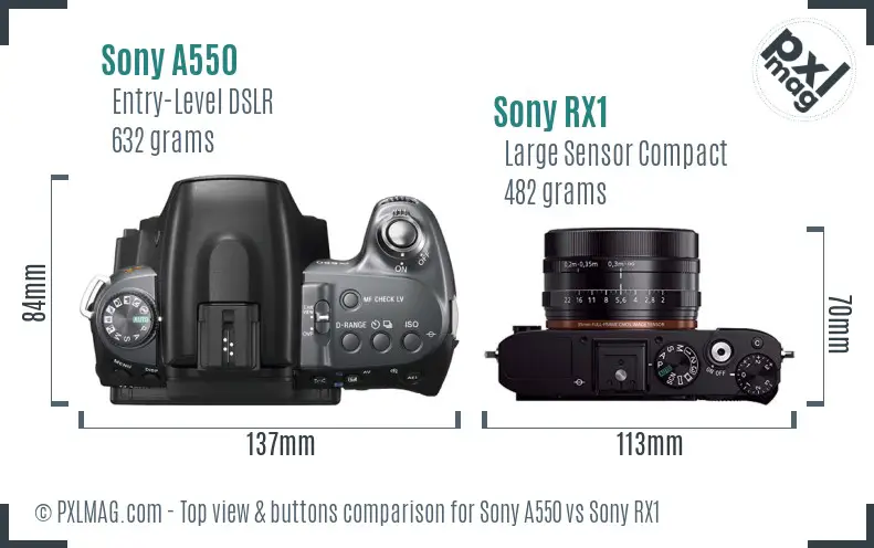 Sony A550 vs Sony RX1 top view buttons comparison