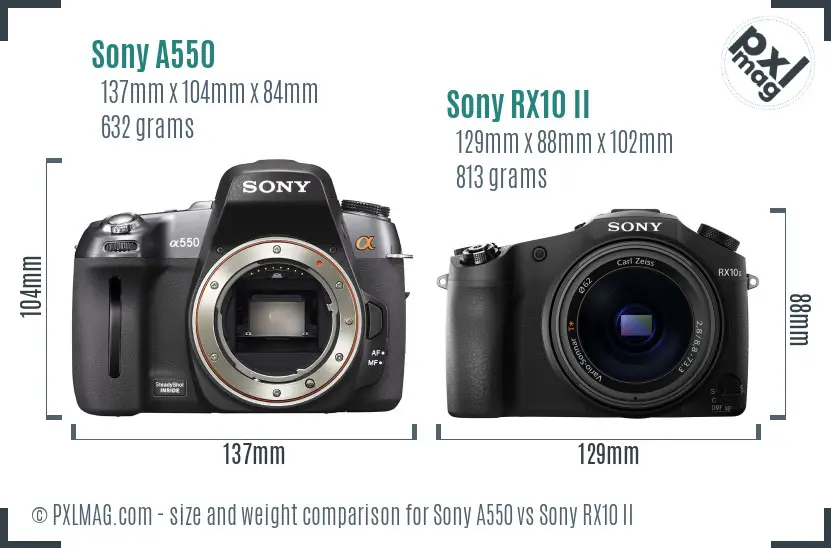 Sony A550 vs Sony RX10 II size comparison