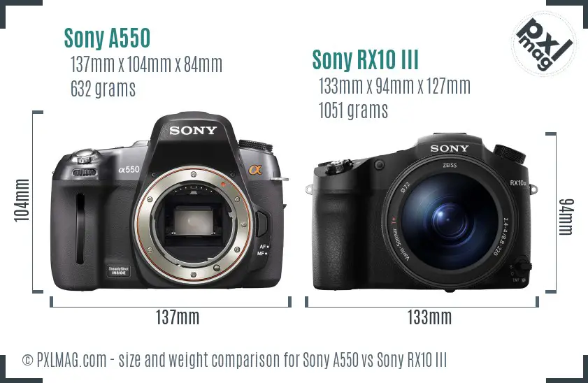 Sony A550 vs Sony RX10 III size comparison