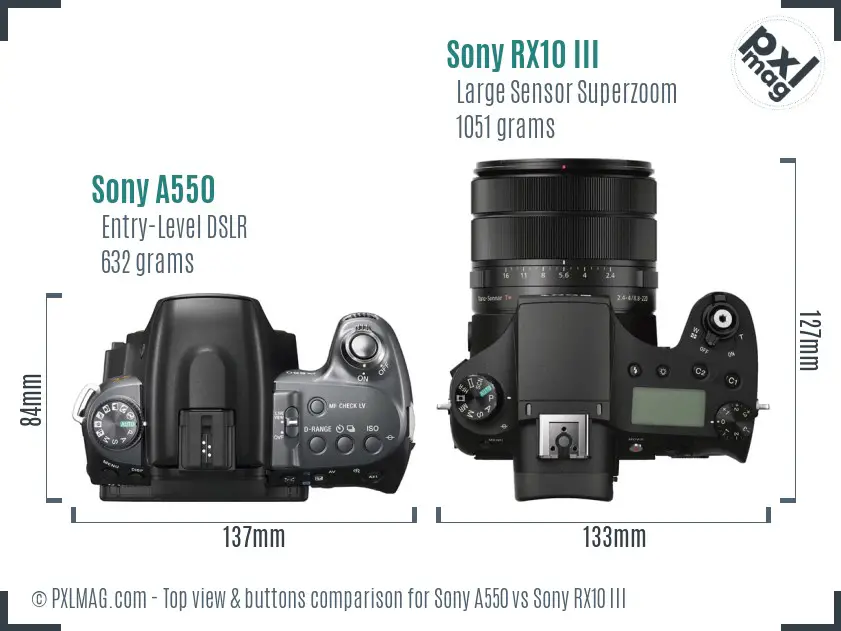 Sony A550 vs Sony RX10 III top view buttons comparison