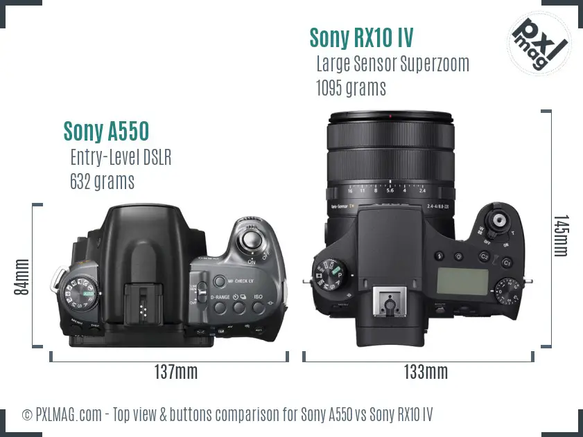 Sony A550 vs Sony RX10 IV top view buttons comparison