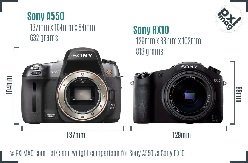Sony A550 vs Sony RX10 size comparison