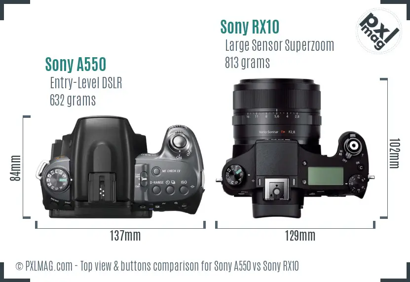 Sony A550 vs Sony RX10 top view buttons comparison