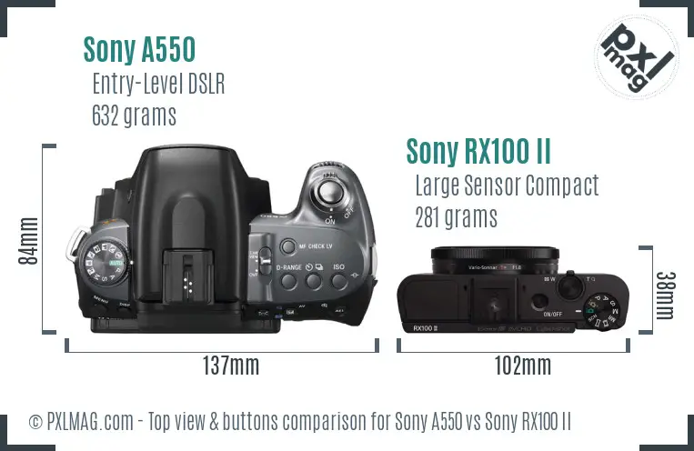 Sony A550 vs Sony RX100 II top view buttons comparison
