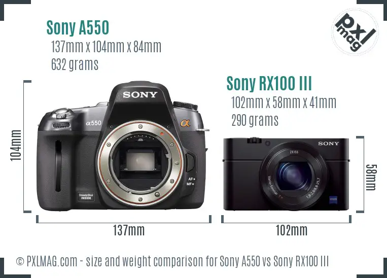 Sony A550 vs Sony RX100 III size comparison