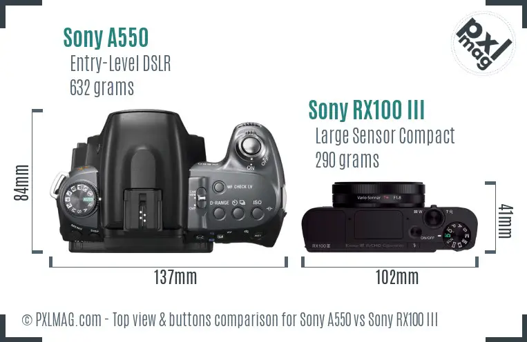 Sony A550 vs Sony RX100 III top view buttons comparison