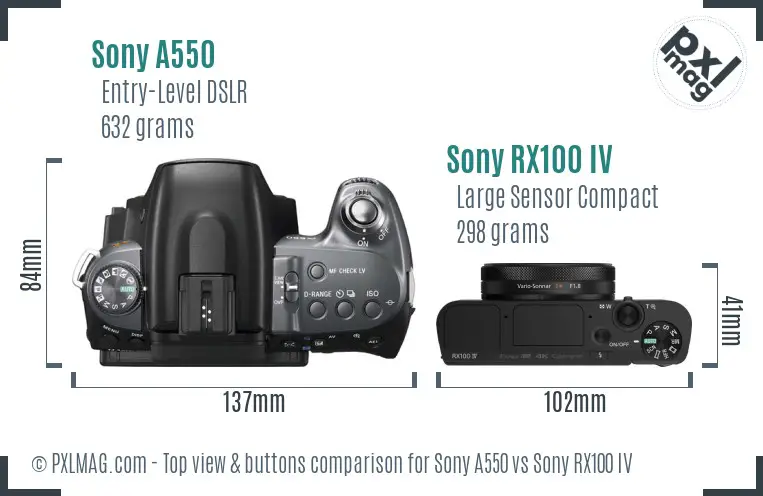 Sony A550 vs Sony RX100 IV top view buttons comparison