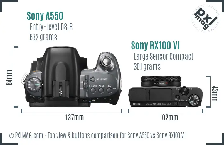 Sony A550 vs Sony RX100 VI top view buttons comparison