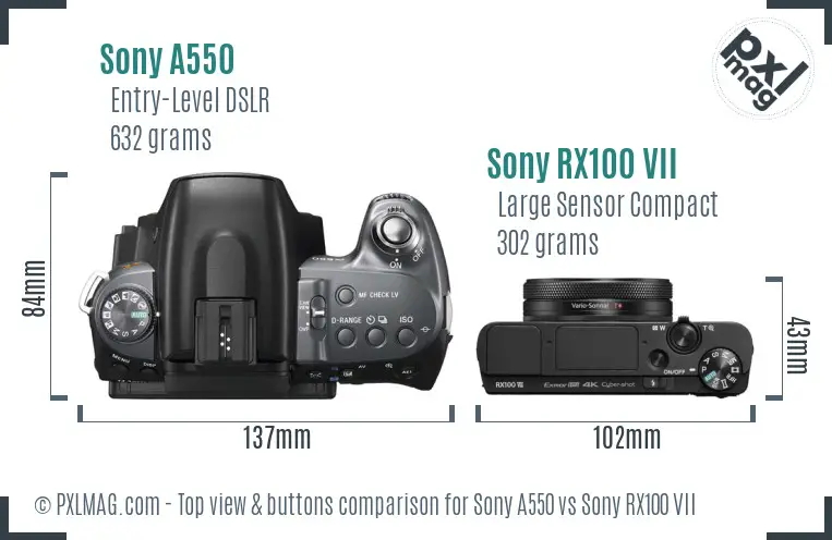 Sony A550 vs Sony RX100 VII top view buttons comparison