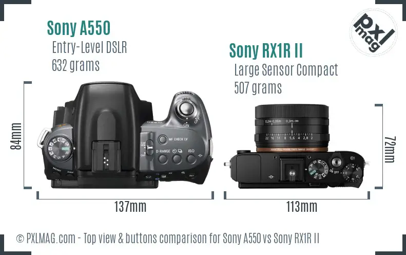 Sony A550 vs Sony RX1R II top view buttons comparison