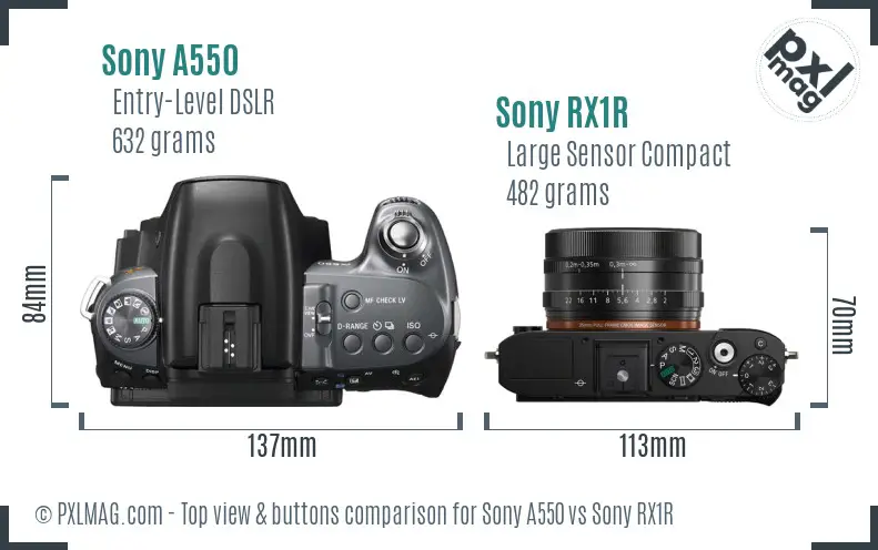 Sony A550 vs Sony RX1R top view buttons comparison