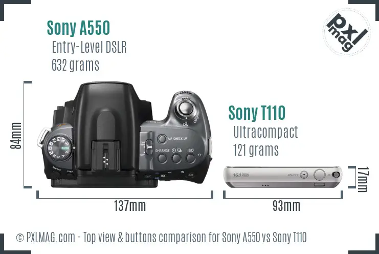 Sony A550 vs Sony T110 top view buttons comparison