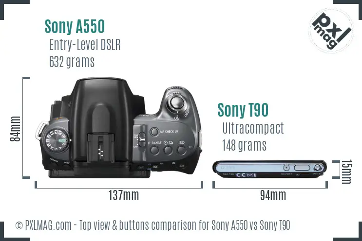 Sony A550 vs Sony T90 top view buttons comparison