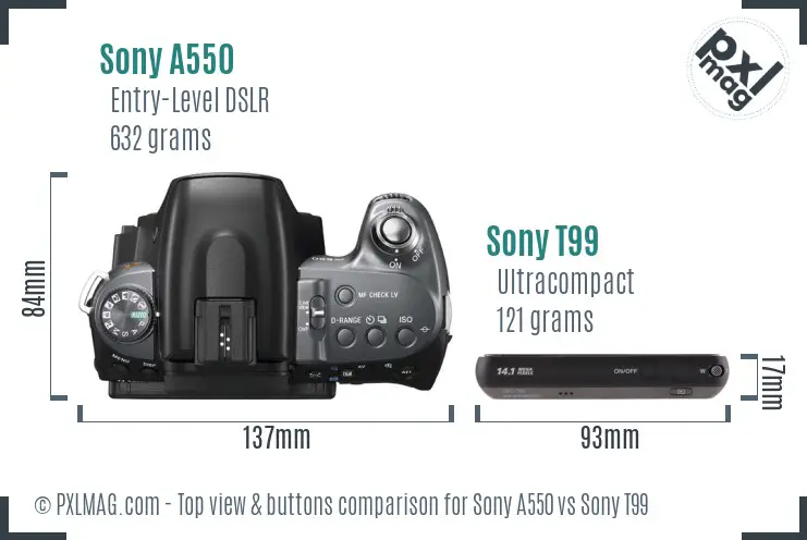 Sony A550 vs Sony T99 top view buttons comparison