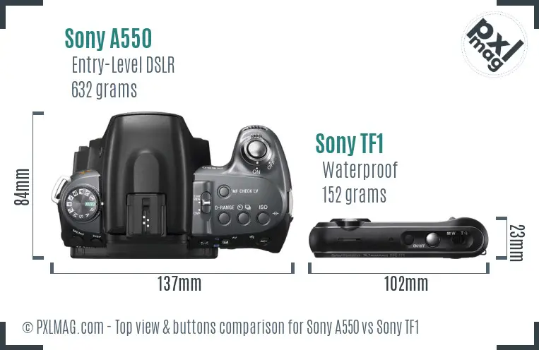 Sony A550 vs Sony TF1 top view buttons comparison