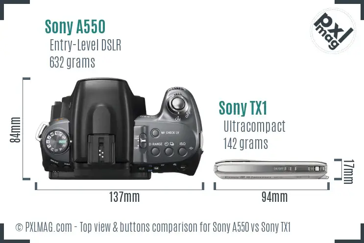 Sony A550 vs Sony TX1 top view buttons comparison