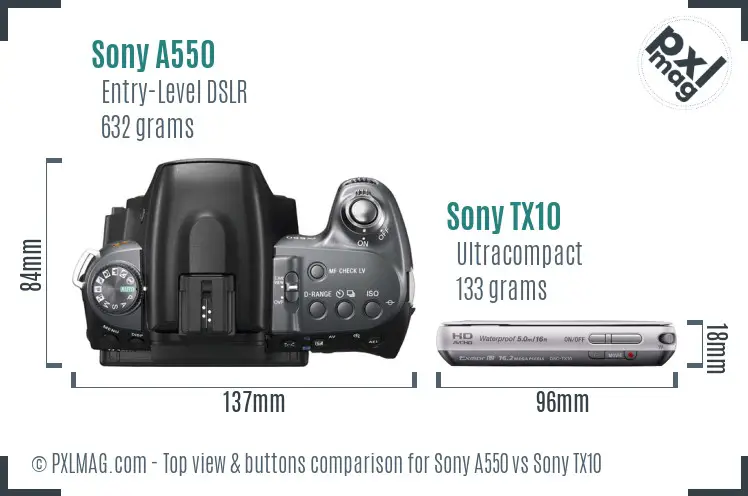 Sony A550 vs Sony TX10 top view buttons comparison