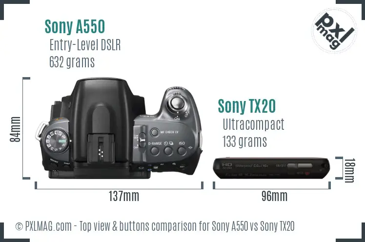 Sony A550 vs Sony TX20 top view buttons comparison