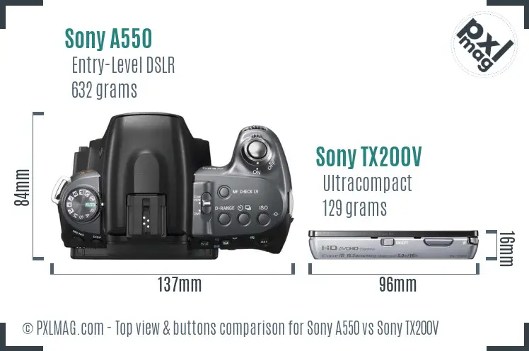 Sony A550 vs Sony TX200V top view buttons comparison