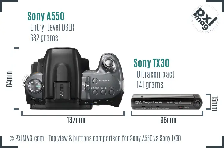 Sony A550 vs Sony TX30 top view buttons comparison