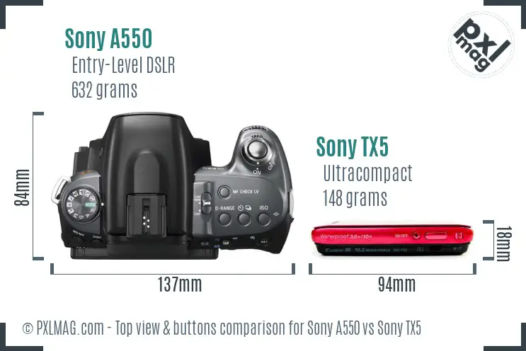 Sony A550 vs Sony TX5 top view buttons comparison
