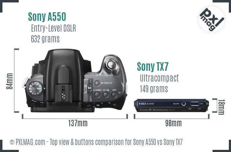 Sony A550 vs Sony TX7 top view buttons comparison