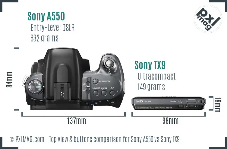 Sony A550 vs Sony TX9 top view buttons comparison