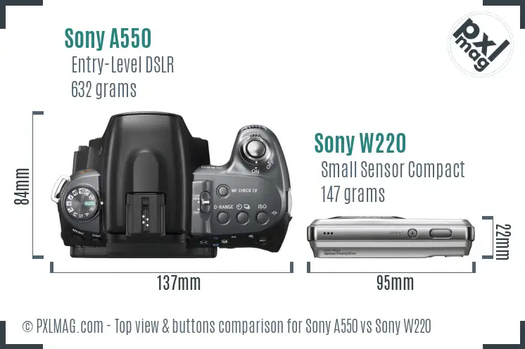 Sony A550 vs Sony W220 top view buttons comparison