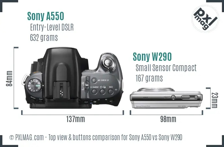Sony A550 vs Sony W290 top view buttons comparison