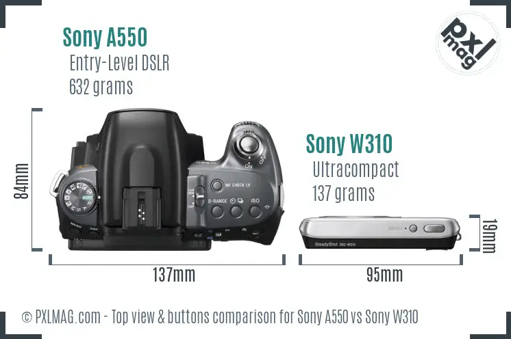 Sony A550 vs Sony W310 top view buttons comparison