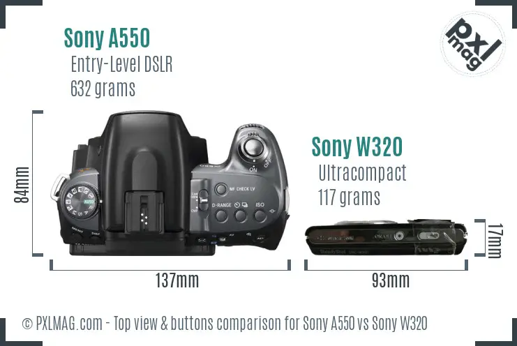 Sony A550 vs Sony W320 top view buttons comparison
