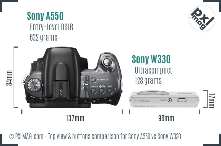 Sony A550 vs Sony W330 top view buttons comparison