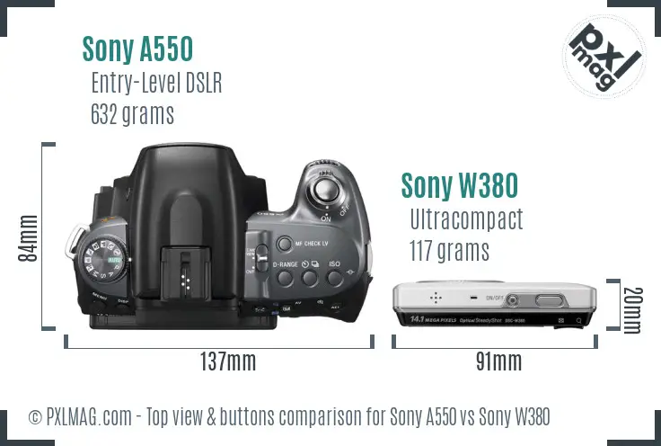 Sony A550 vs Sony W380 top view buttons comparison