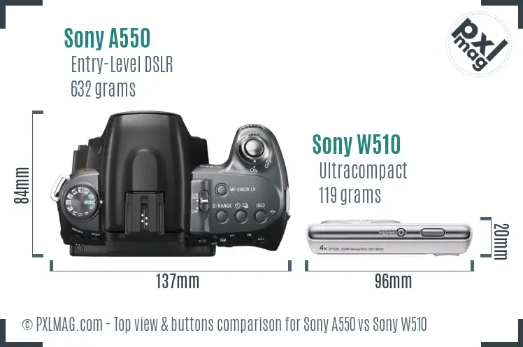 Sony A550 vs Sony W510 top view buttons comparison