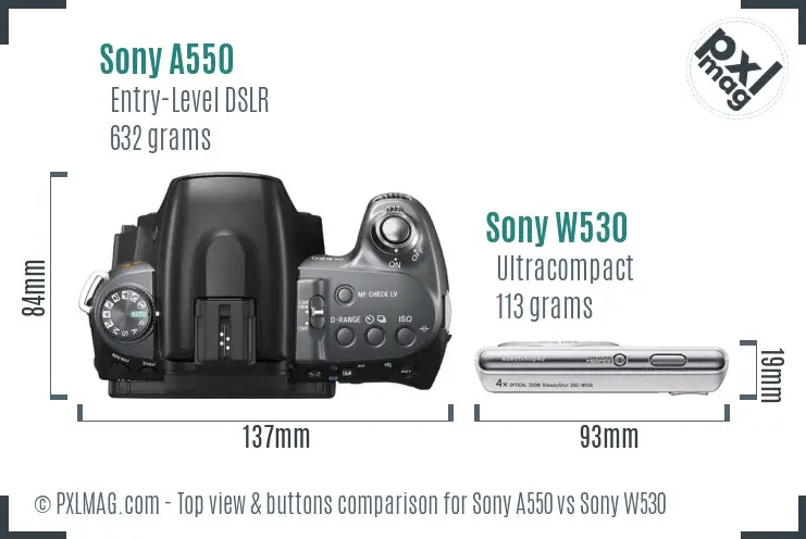 Sony A550 vs Sony W530 top view buttons comparison