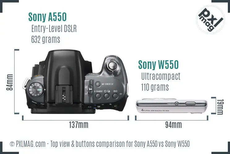 Sony A550 vs Sony W550 top view buttons comparison