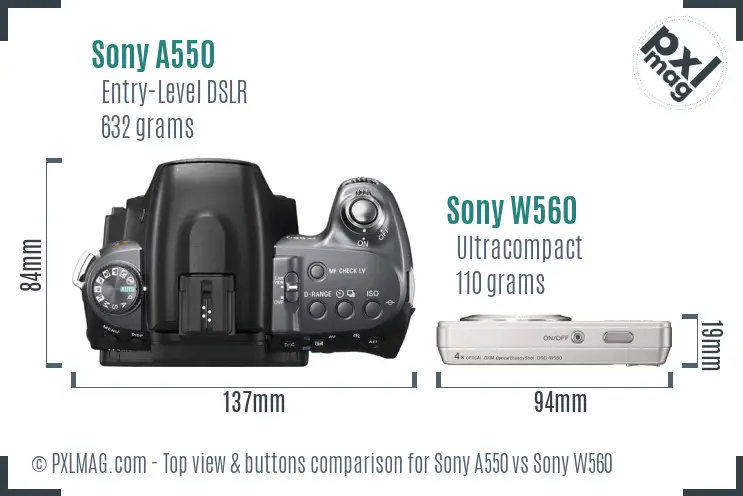 Sony A550 vs Sony W560 top view buttons comparison