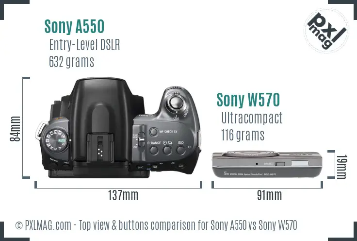 Sony A550 vs Sony W570 top view buttons comparison