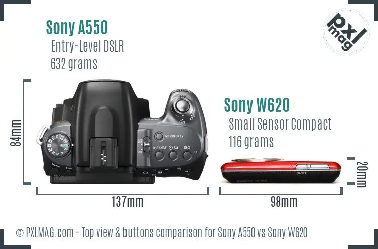 Sony A550 vs Sony W620 top view buttons comparison