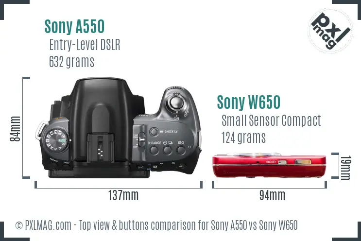 Sony A550 vs Sony W650 top view buttons comparison