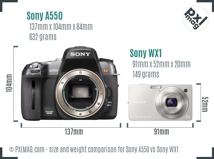 Sony A550 vs Sony WX1 size comparison