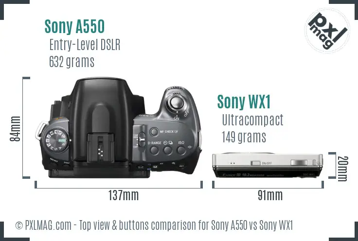 Sony A550 vs Sony WX1 top view buttons comparison