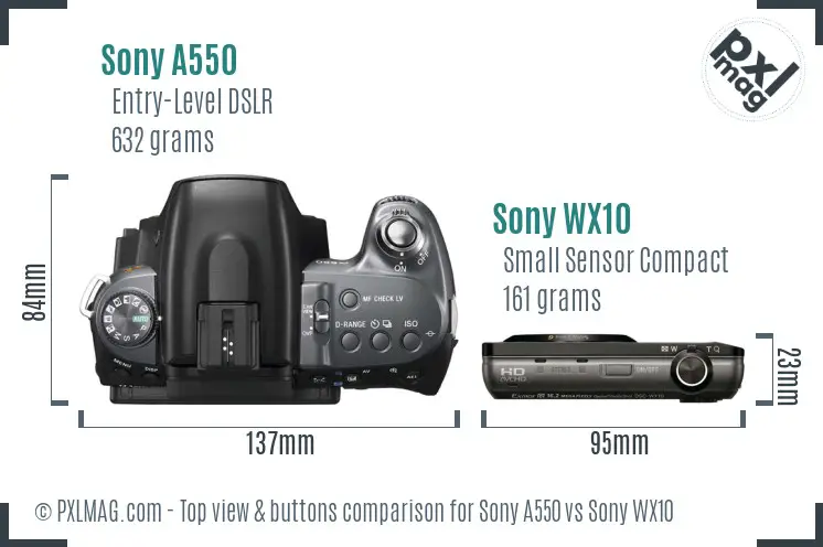Sony A550 vs Sony WX10 top view buttons comparison